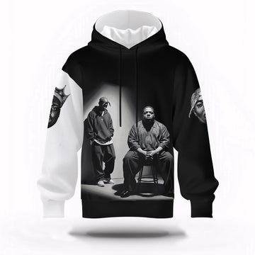 2Pac Biggie Two Legends Sitting Black Hoodie, Rapper 3D Hoodie, Rap Legends Hoodie