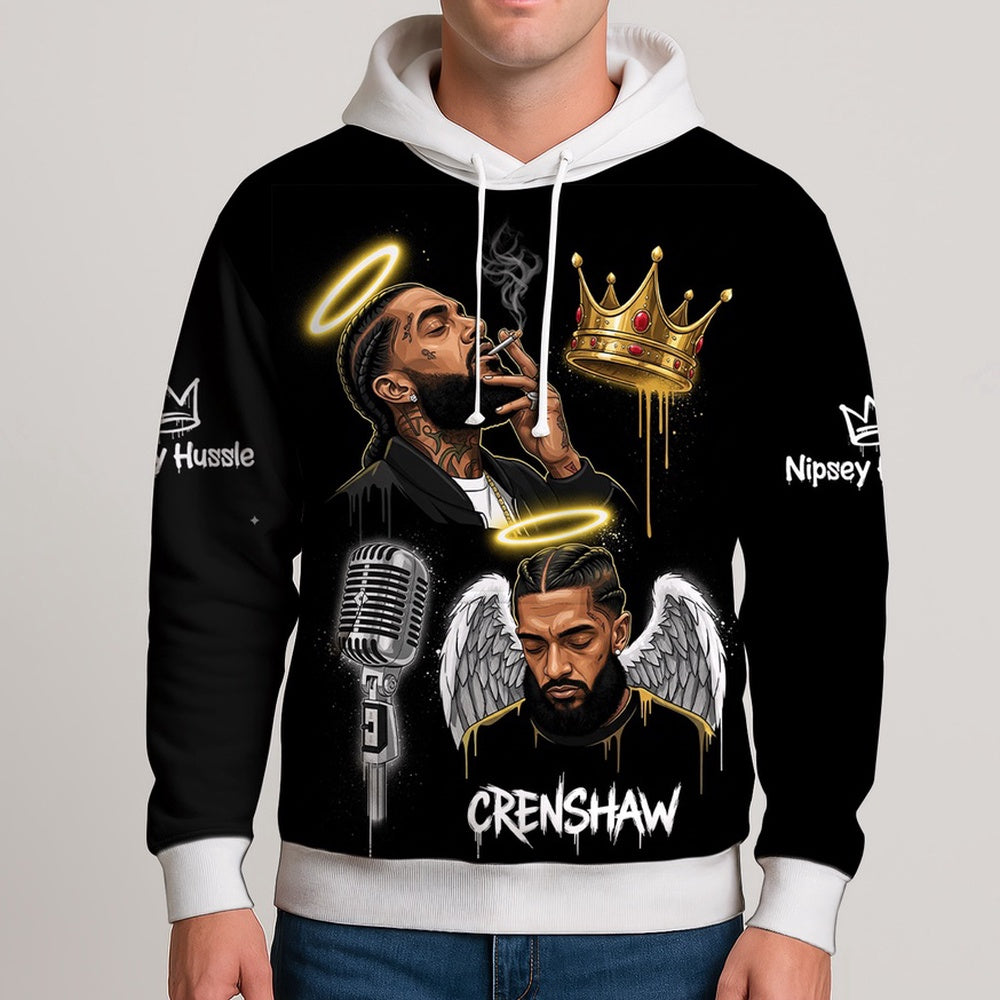 Nipsey Hussle Crenshaw Angel Hoodie Crown and Halo Tribute, Rapper 3D Hoodie, Rap Legends Hoodie