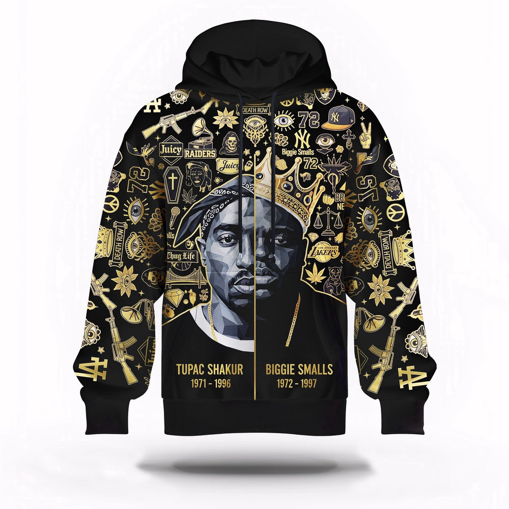 Tupac Biggie Gold Icon 3D Hoodie, Rapper 3D Hoodie, Rap Legends Hoodie