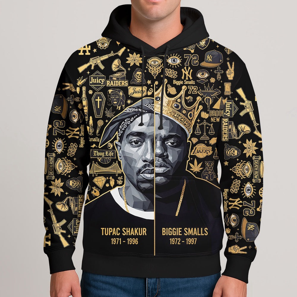Tupac Biggie Gold Icon 3D Hoodie, Rapper 3D Hoodie, Rap Legends Hoodie