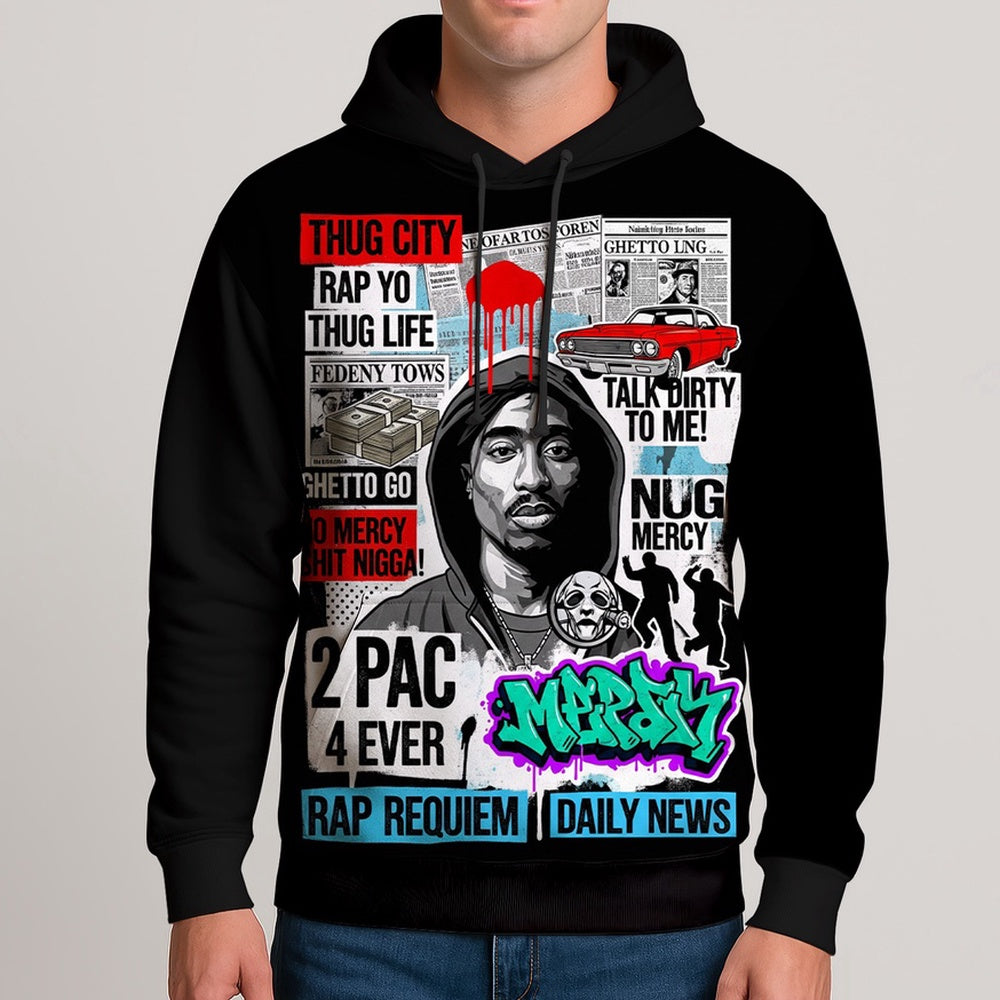 Tupac Thug Life Street Legend Graphic Art Hoodie, Rapper 3D Hoodie, Rap Legends Hoodie