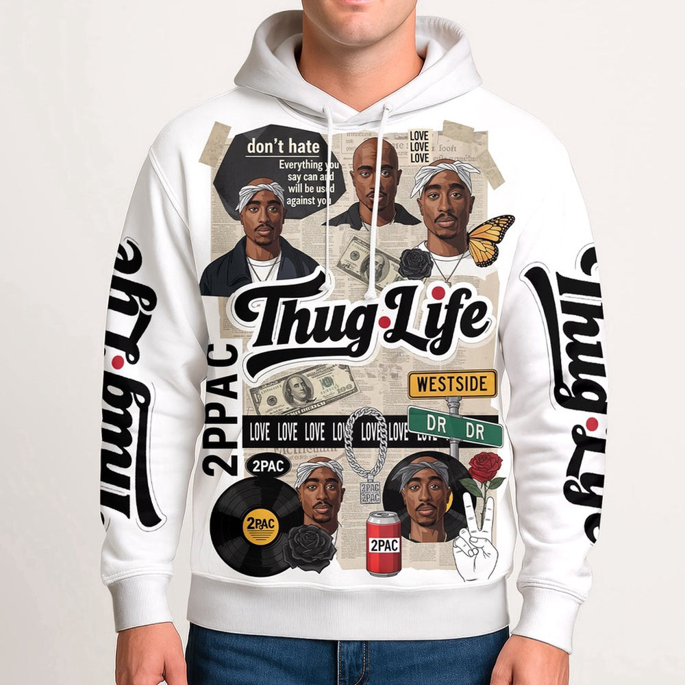 Tupac Thug Life White Collage Hoodie, Rapper 3D Hoodie, Rap Legends Hoodie